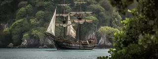 Mayspiri.store - Lod plná rumu vplouvající do zálivu